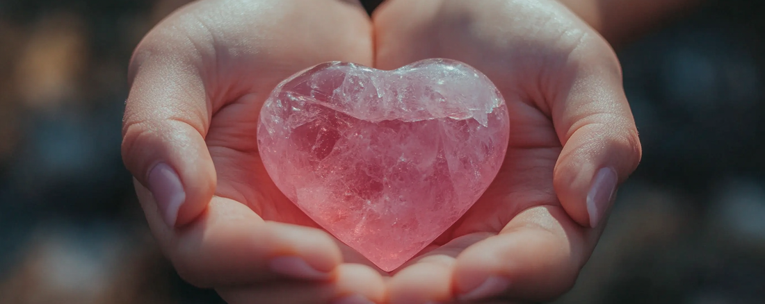 Rose quartz heart in hand