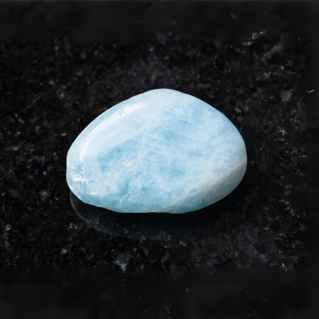 Polished aquamarine tumbled stone top angle
