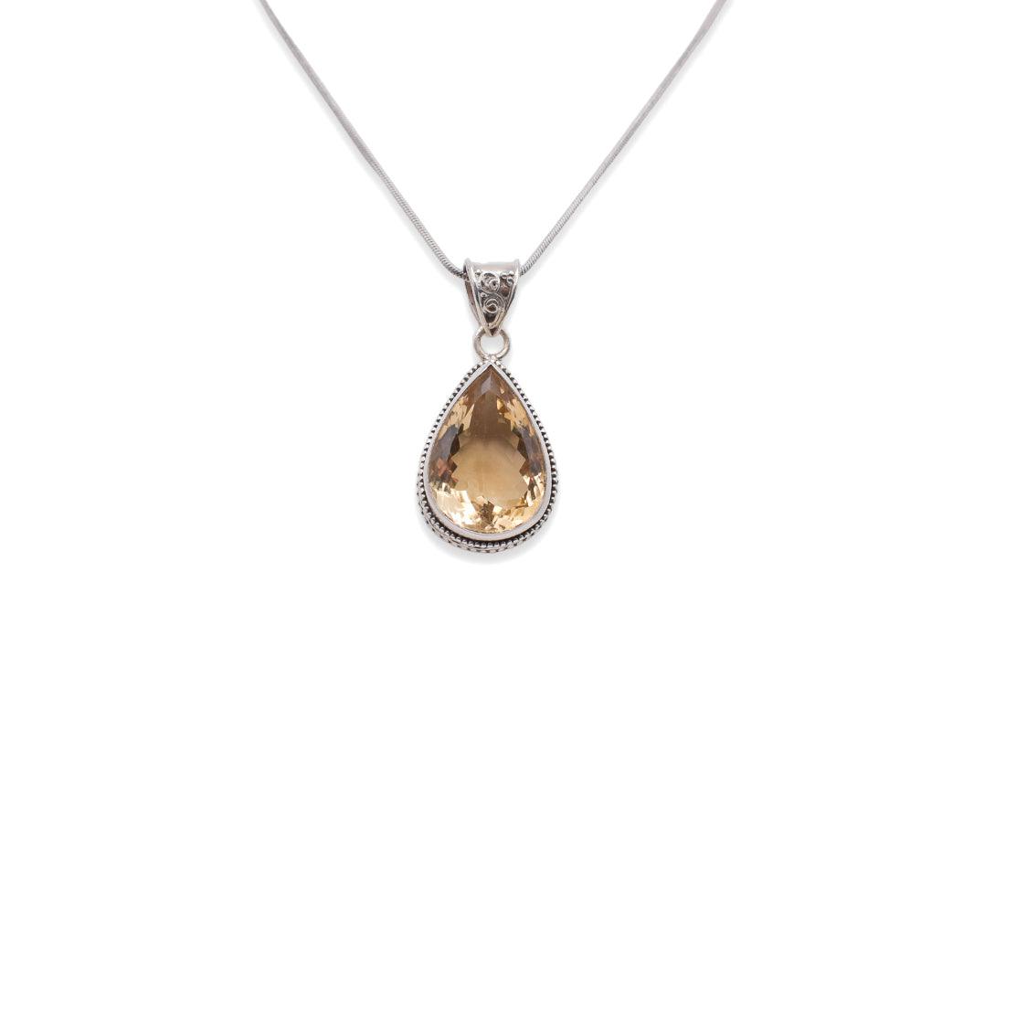 hanging 925 Sterling Silver Citrine pear shaped yellowish color Pendant with chain on white background