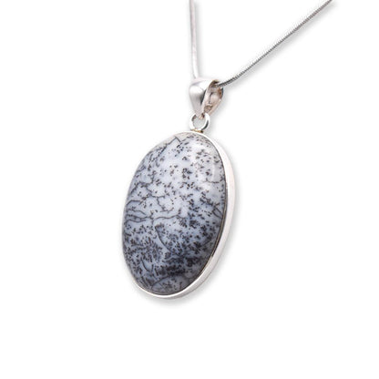 Oval shaped Dendritic Agate Pendant with silver chain 