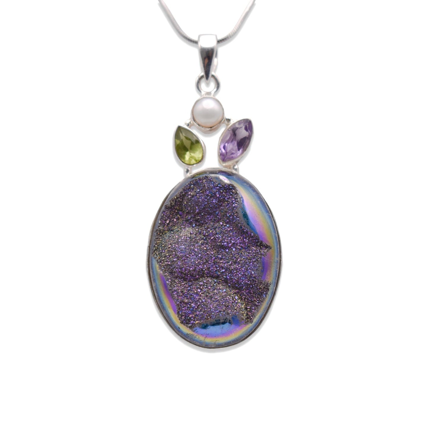 925 Sterling Silver Druzy Pendant With Peridot and Amethyst