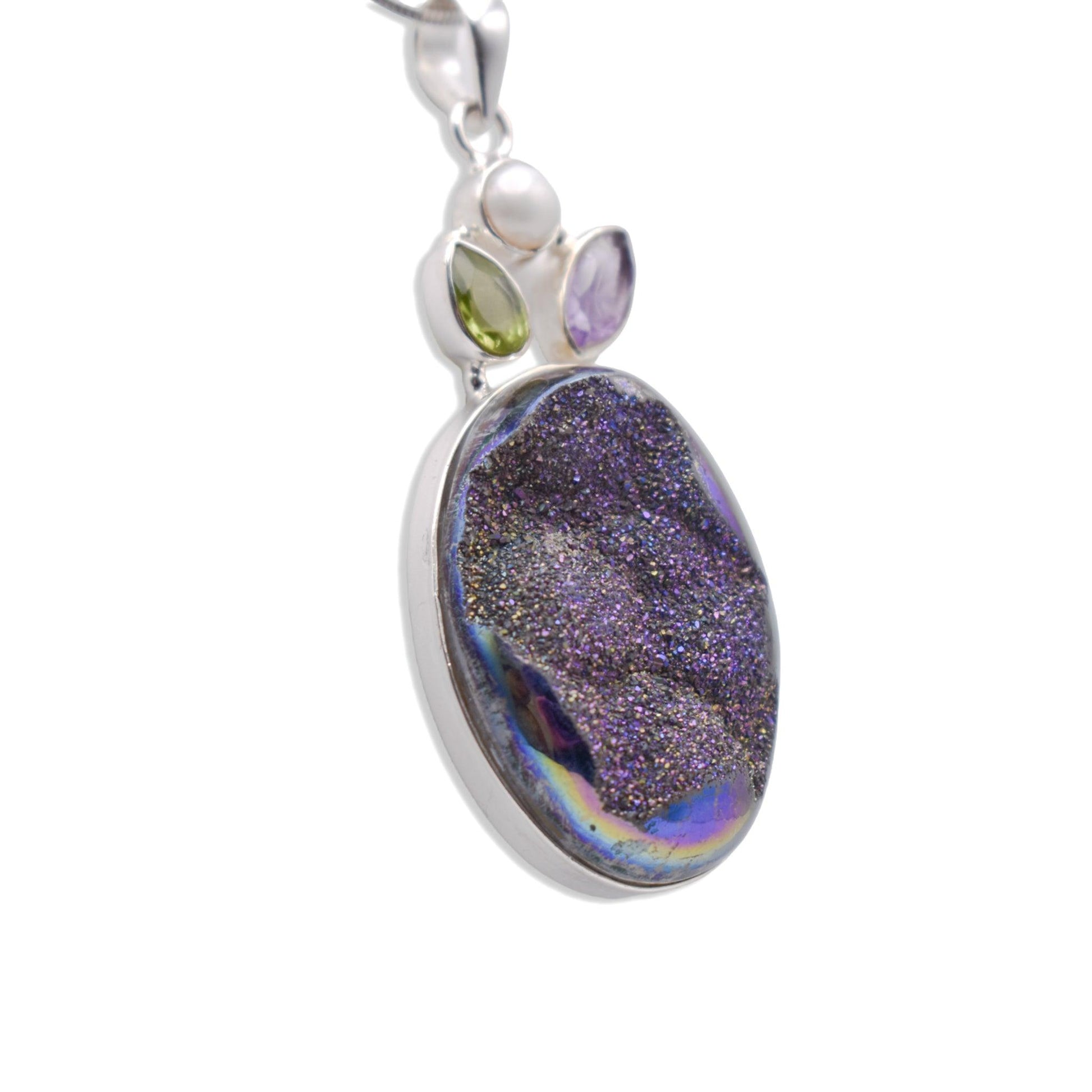 Silver Druzy Pendant With Peridot and Amethyst