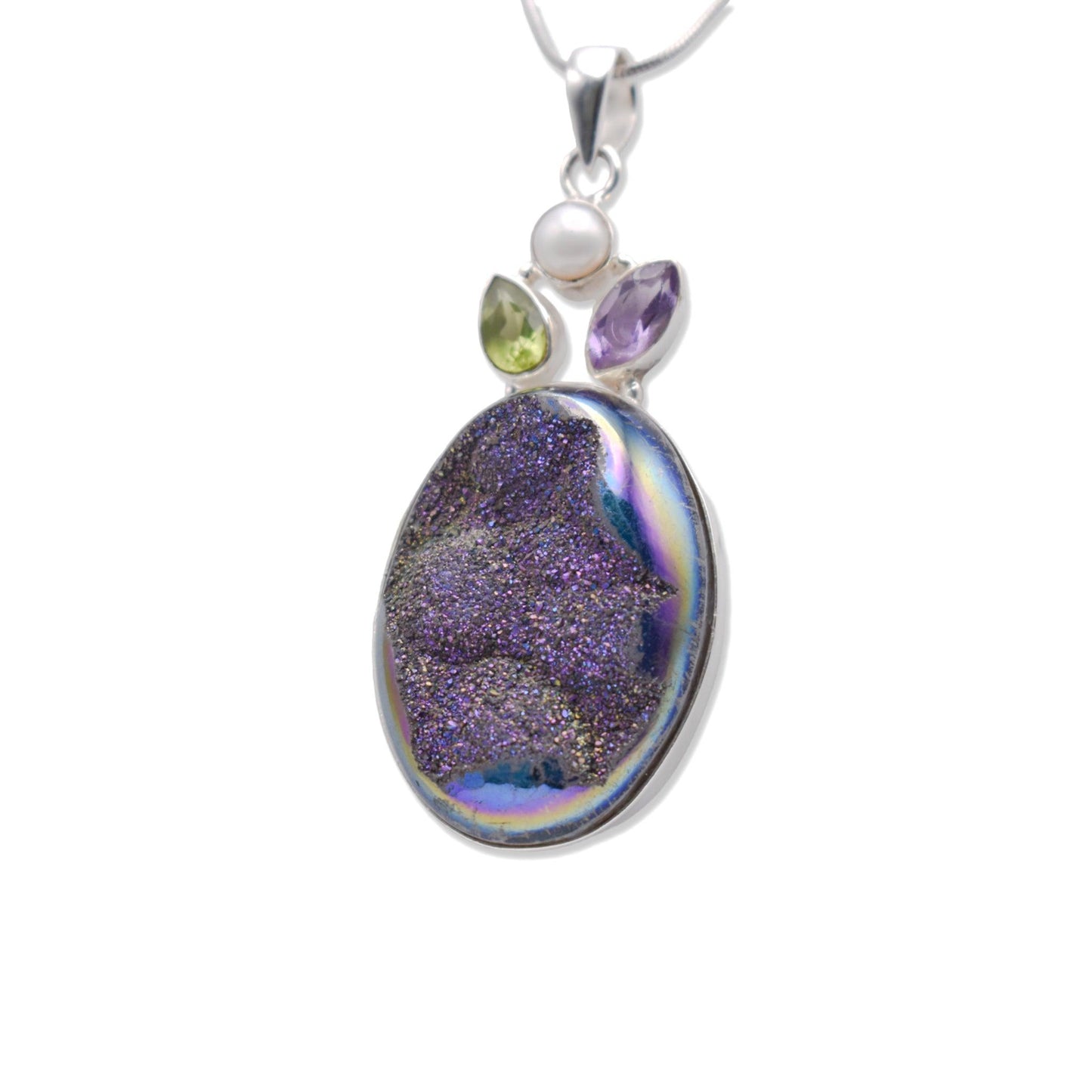 Druzy Pendant With Peridot and Amethyst with silver chain