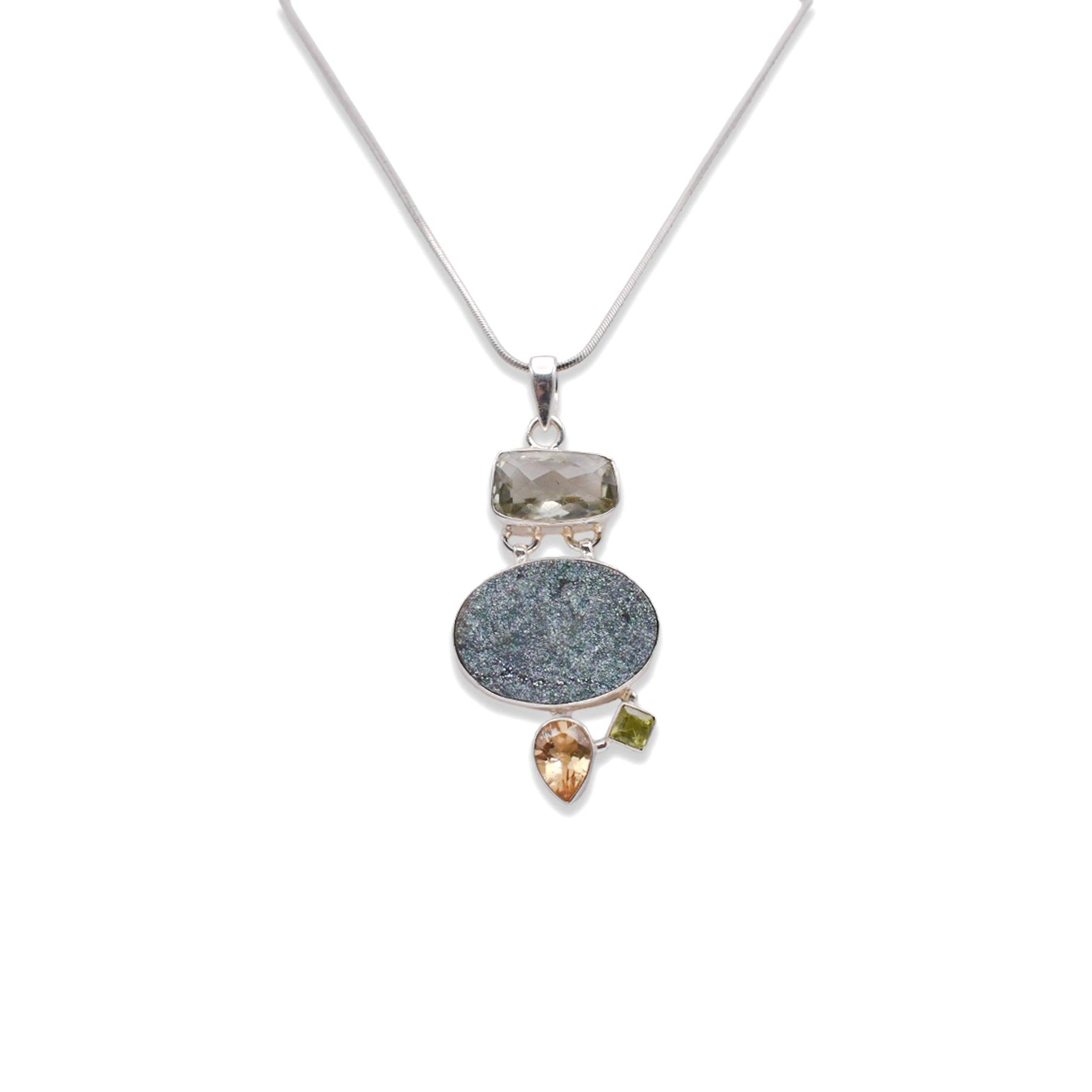 925 Sterling Silver Druzy Pendant With Smokey Peridot with chain