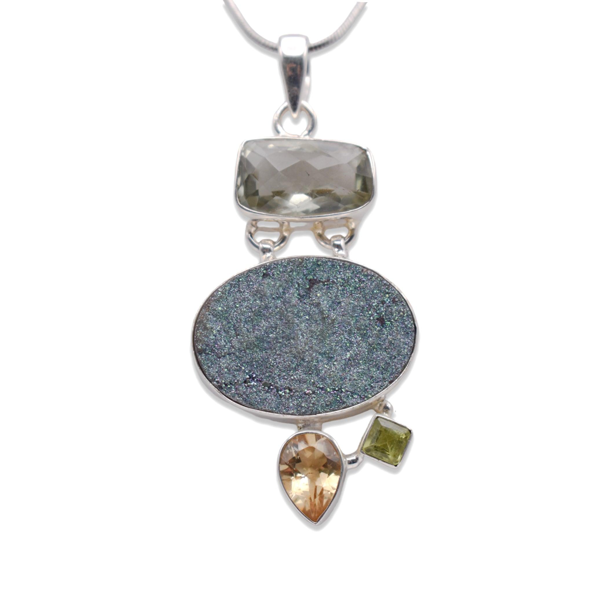 Silver Druzy Pendant With Smokey Peridot