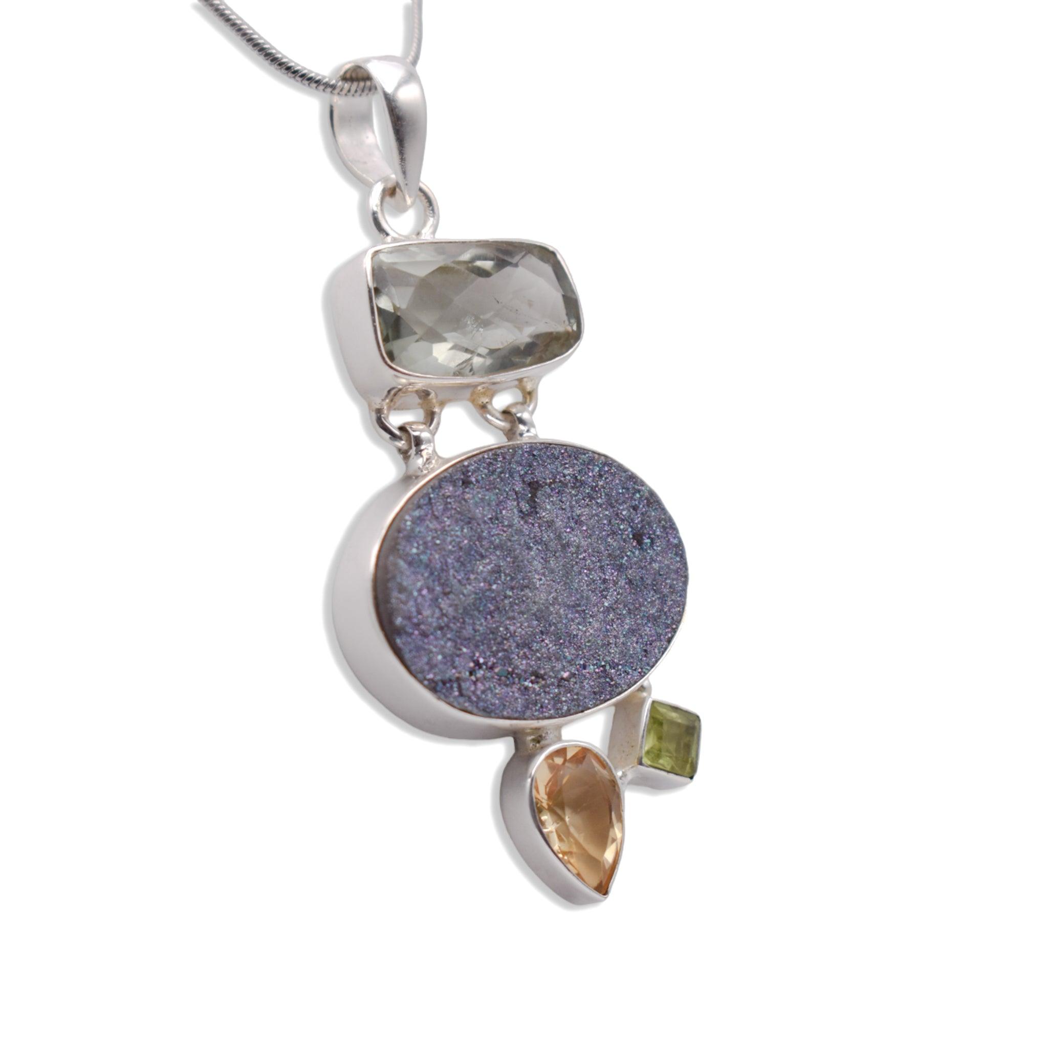 Druzy Pendant With Smokey Peridot with silver chain