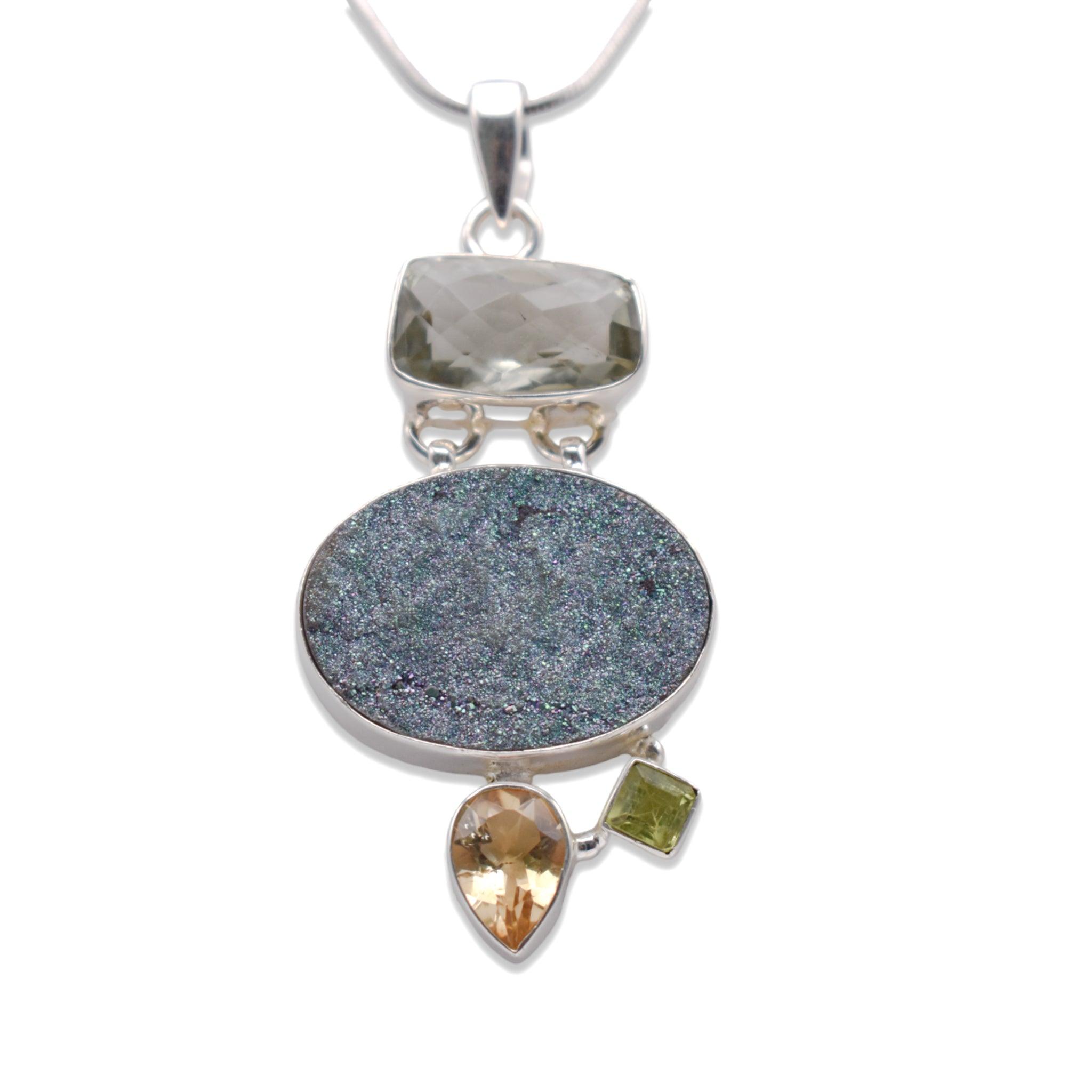 Close up Druzy Pendant With Smokey Peridot with chain
