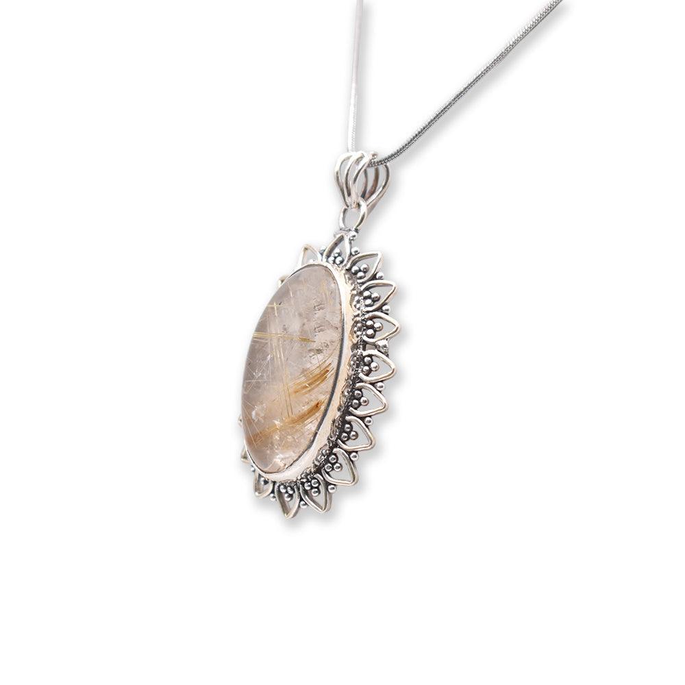 oval shaped Golden Rutile Pendant with silver chain