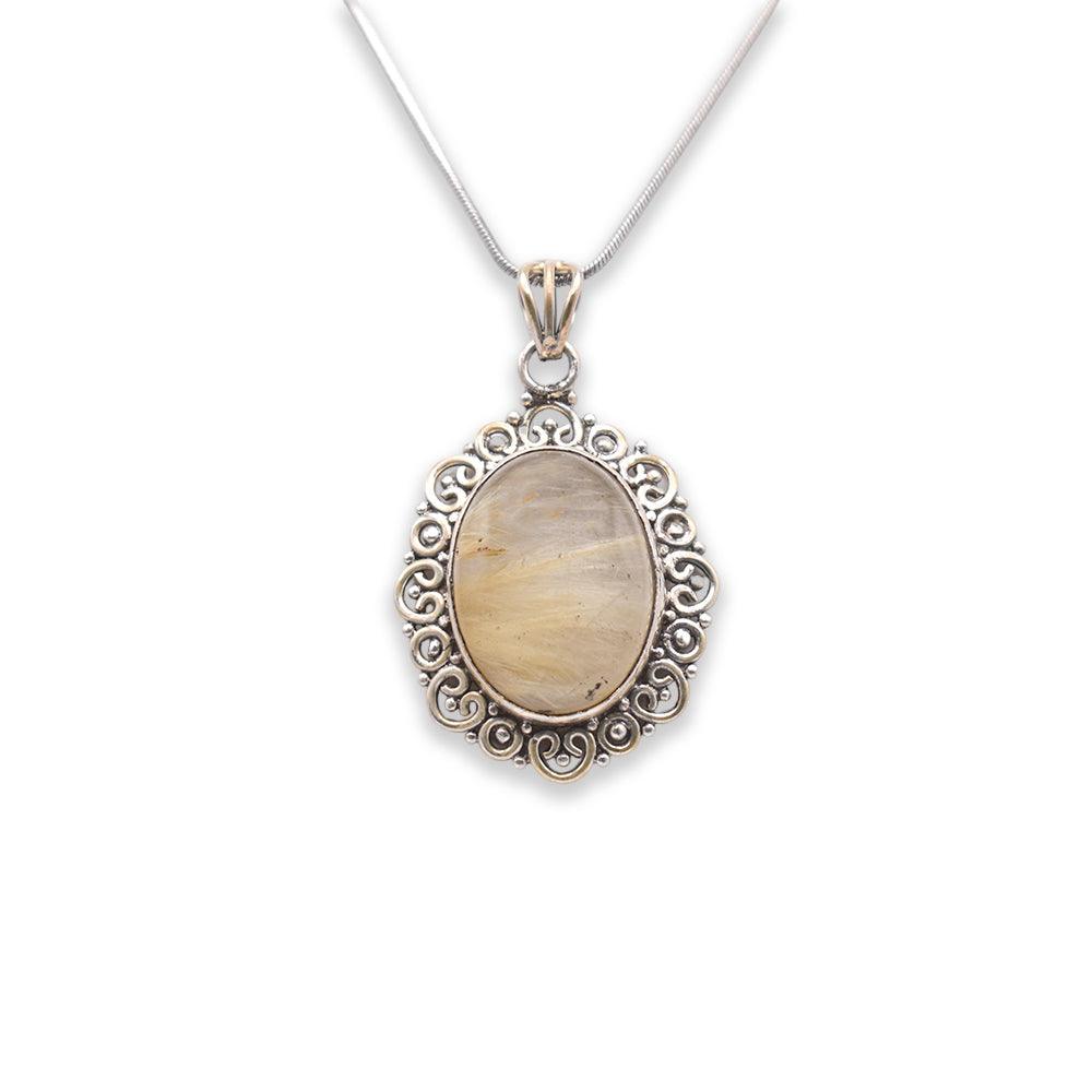 925 Sterling Silver circle shaped Golden Rutile Pendant with chain