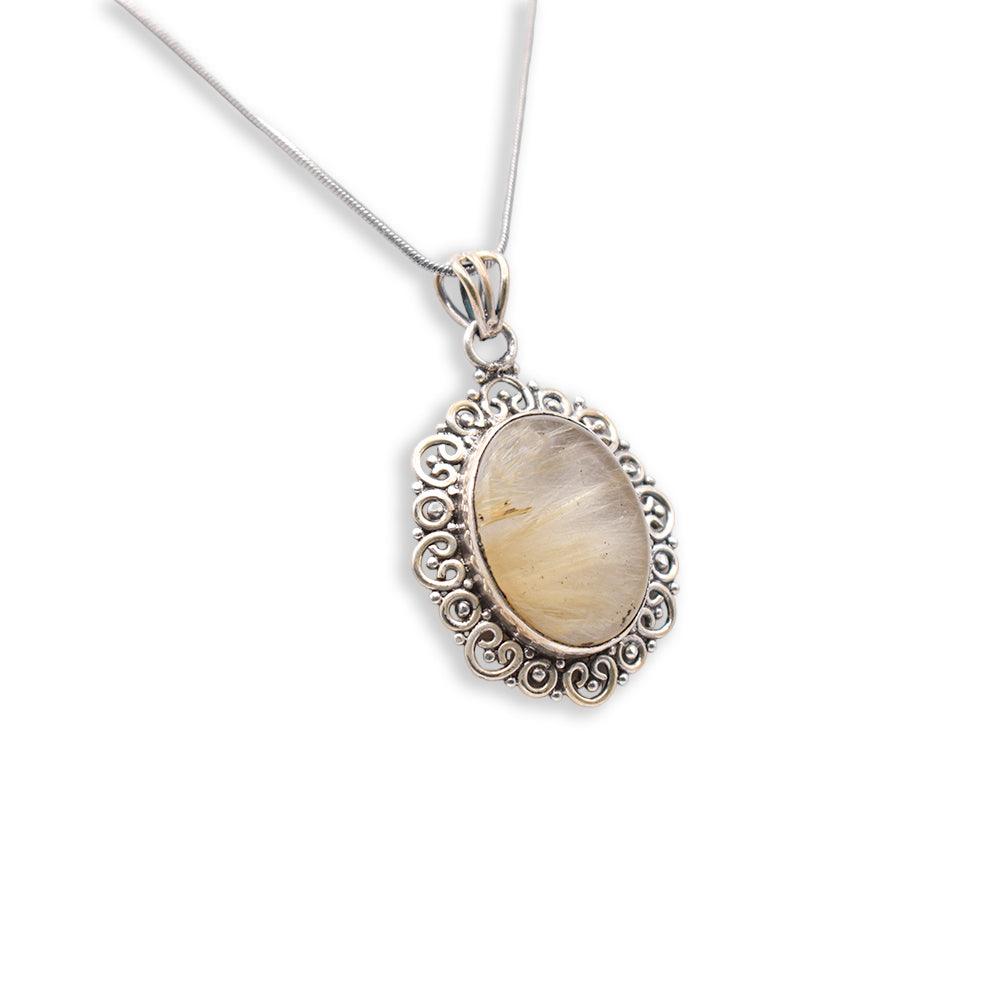 Silver circle shaped Golden Rutile Pendant