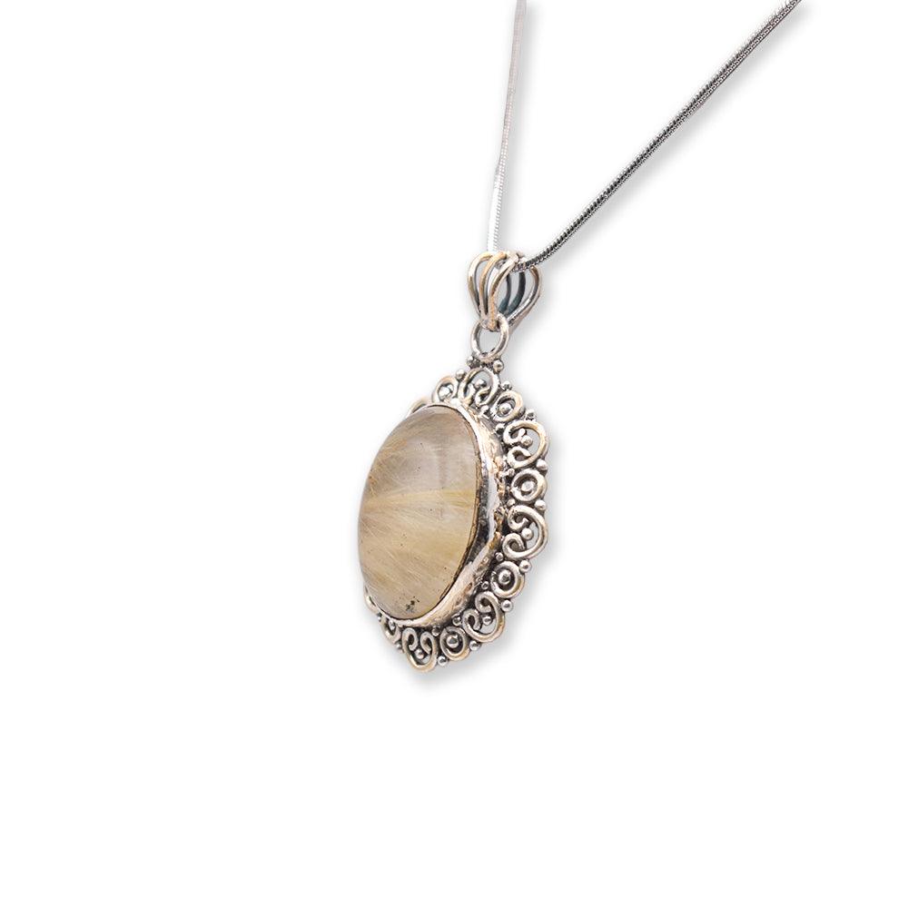 circle shaped Golden Rutile Pendant with silver chain