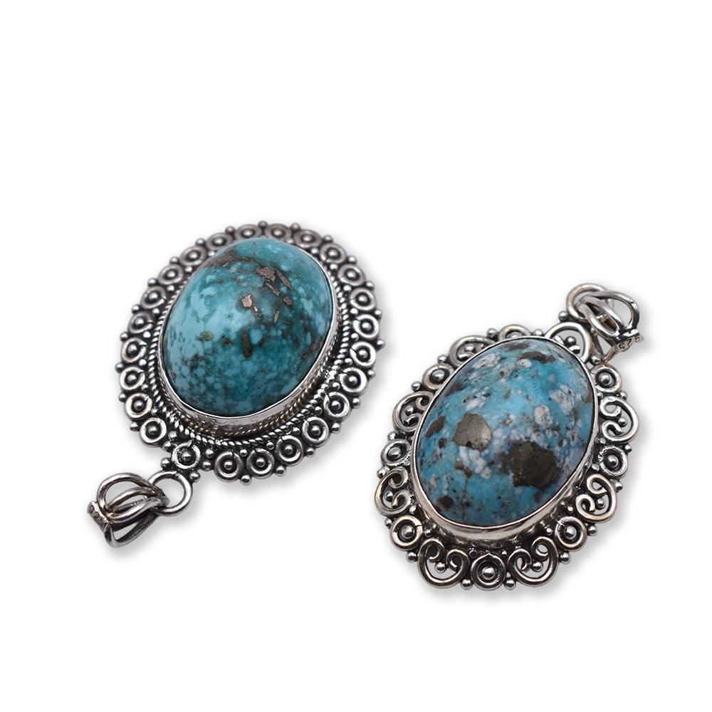 925 Sterling Silver blue colored oval shaped Iranian Turquoise Pendant