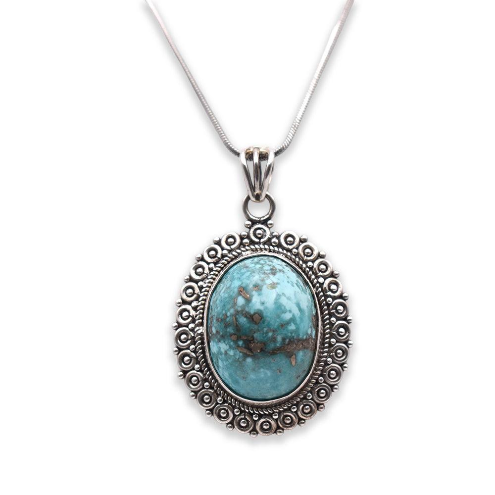Hanging blue colored oval shaped Iranian Turquoise Pendant with silver chain