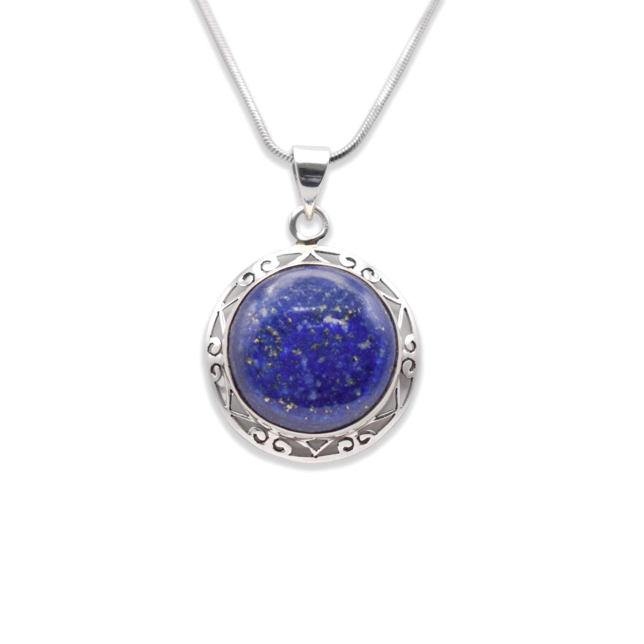 925 Sterling Silver circle shaped lapis lazuli Pendant with chain