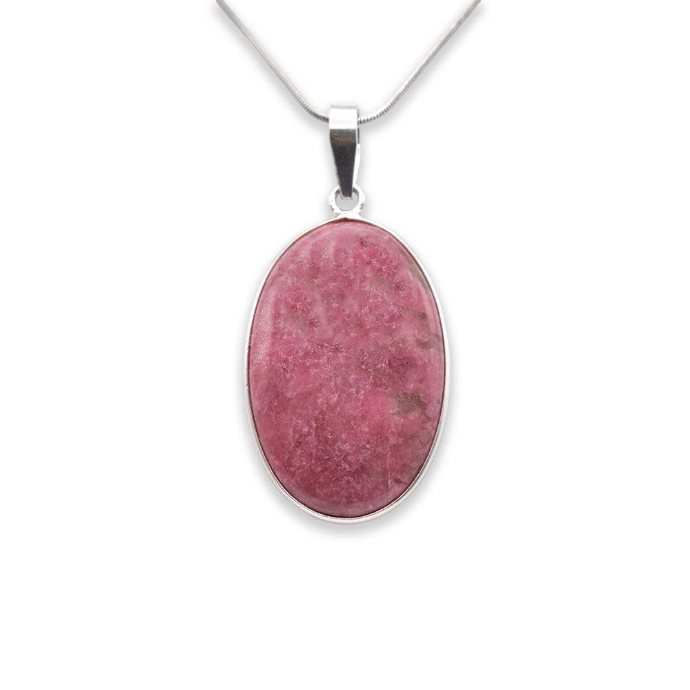 925 Sterling Silver oval shaped Rhodonite Pendant with chain