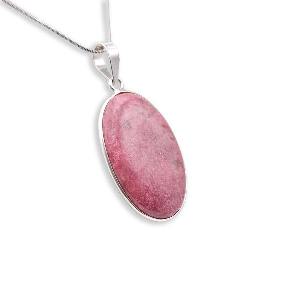 Silver oval shaped Rhodonite Pendant with chain