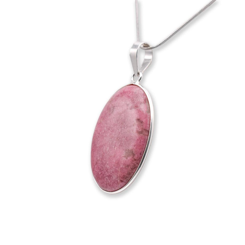 oval shaped Rhodonite Pendant with silver chain