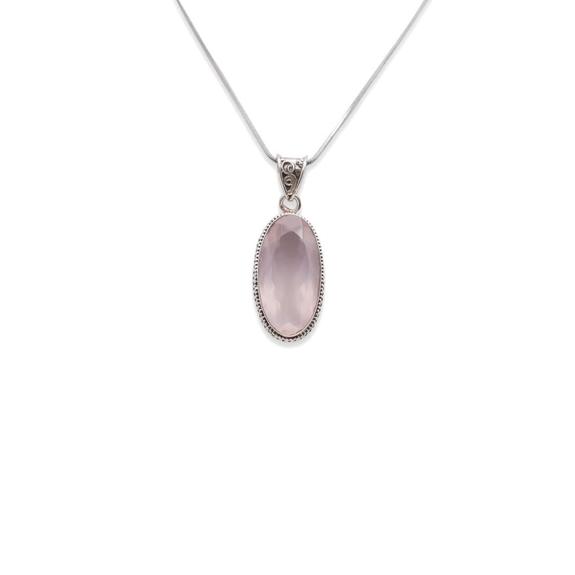 hanging 925 Sterling Silver Rose Quartz pink colored Pendant front angle with chain on white background