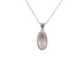 hanging 925 Sterling Silver Rose Quartz pink colored Pendant front angle with chain on white background