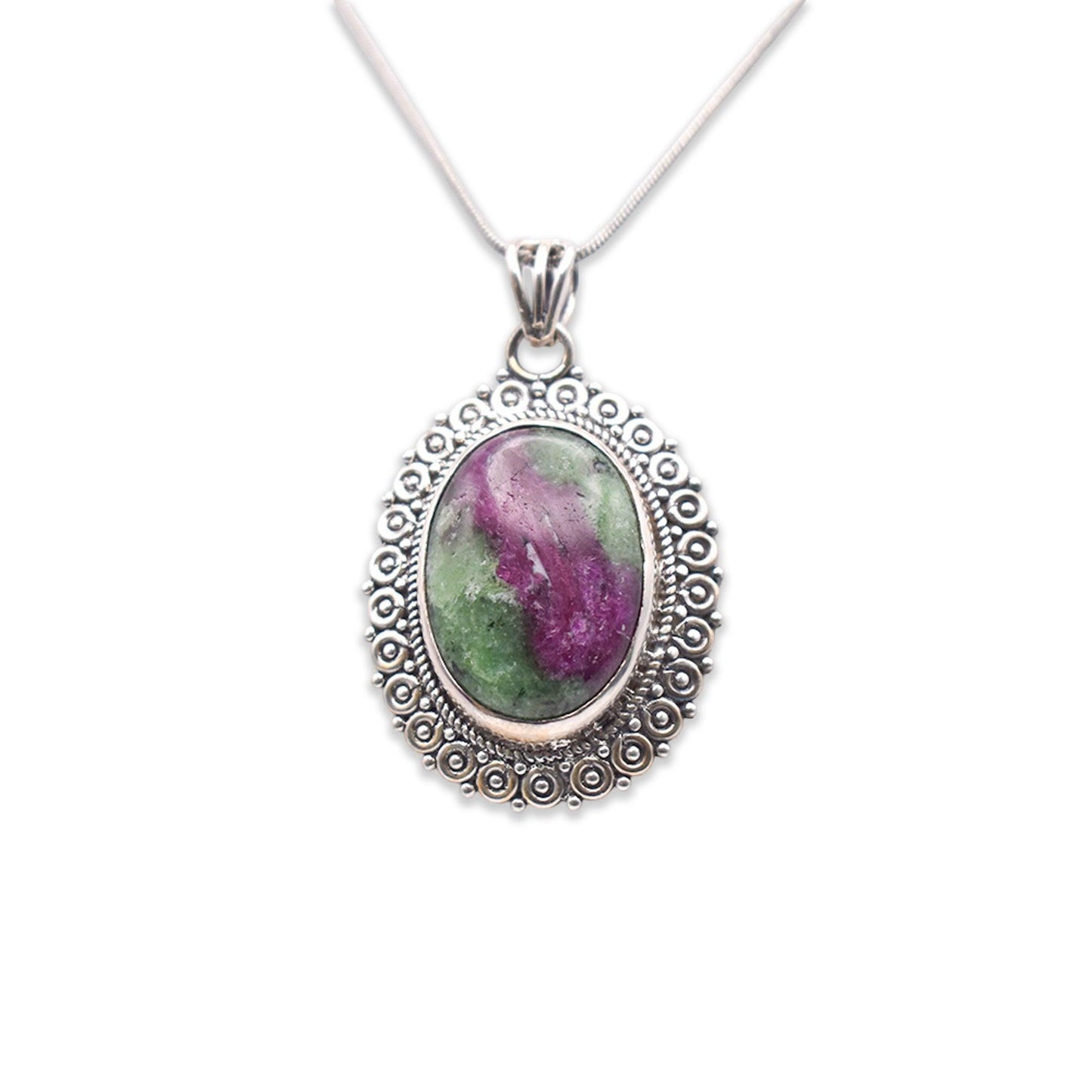 925 Sterling Silver oval shaped Ruby Zoisite Pendant with chain