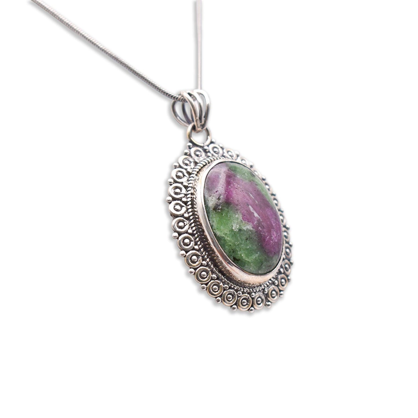 Silver oval shaped Ruby Zoisite Pendant