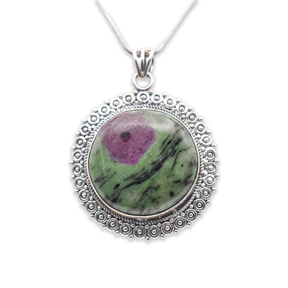 925 Sterling Silver circle shaped Ruby Zoisite Pendant with chain