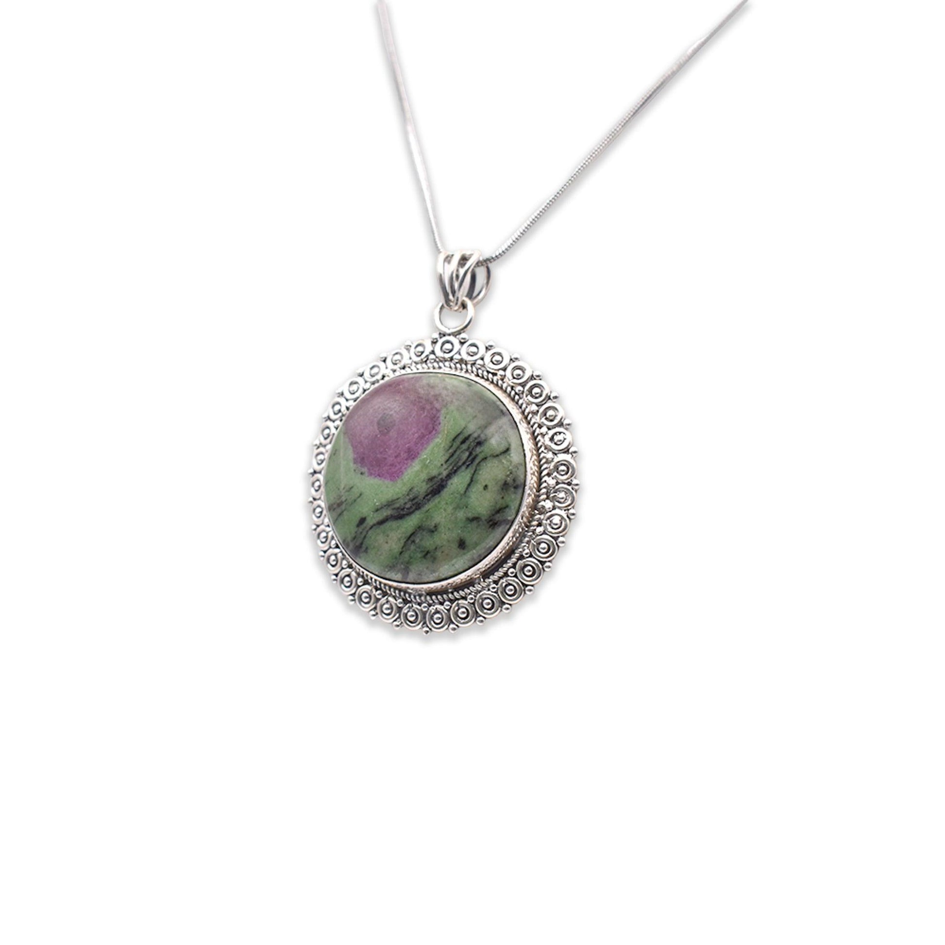 Silver circle shaped Ruby Zoisite Pendant with chain