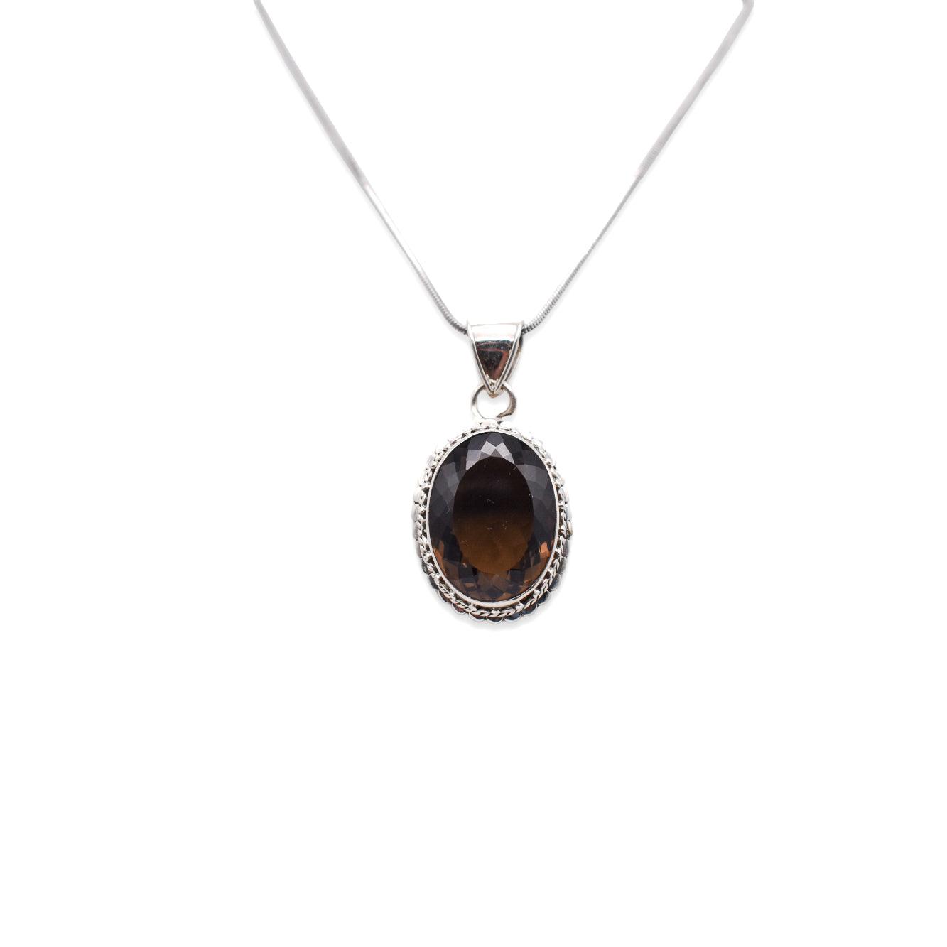 Hanging 925 sterling Silver natural oval shaped smokey quartz Pendant with chain