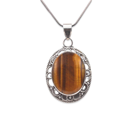 Hanging 925 sterling Silver tiger eye oval shaped Pendant with silver chain 