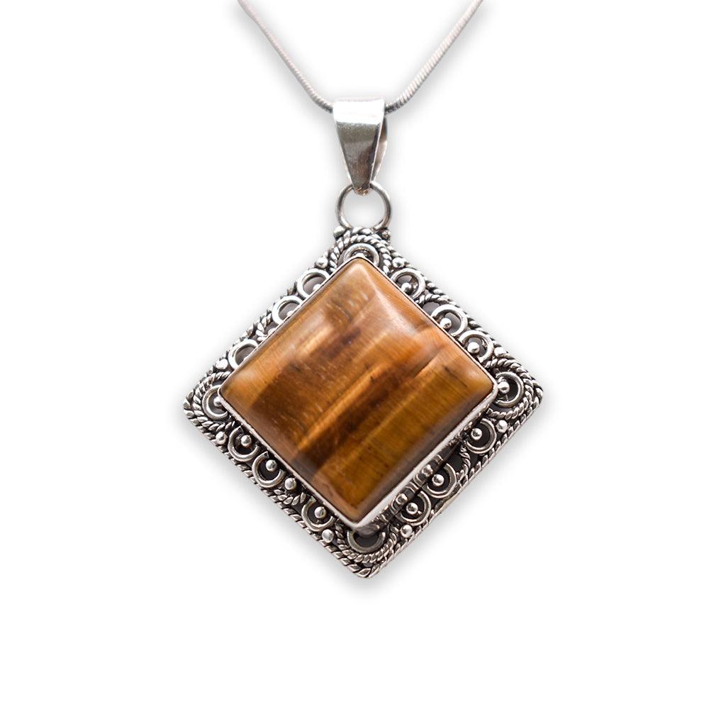 Hanging 925 sterling Silver tiger eye rhombus shaped Pendant with silver chain