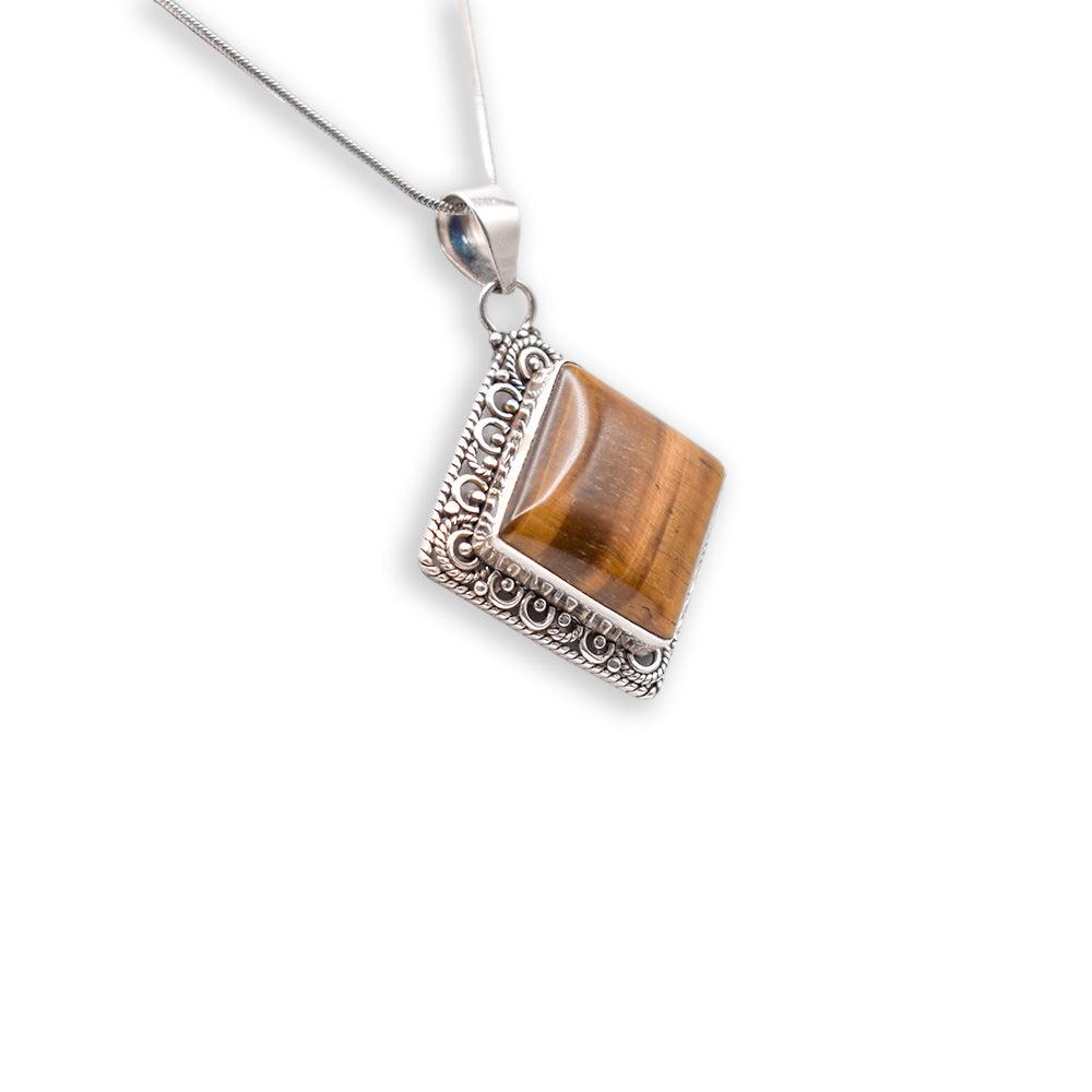 Hanging 925 sterling Silver tiger eye rhombus shaped Pendant with silver chain side angle