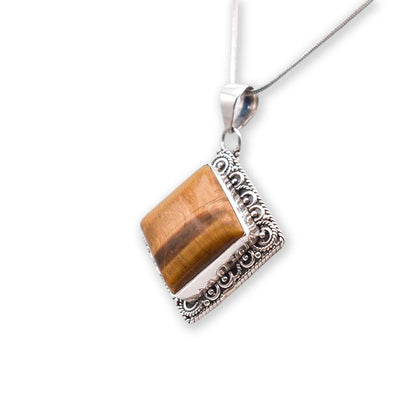 Hanging 925 sterling Silver tiger eye rhombus shaped Pendant with silver chain back angle