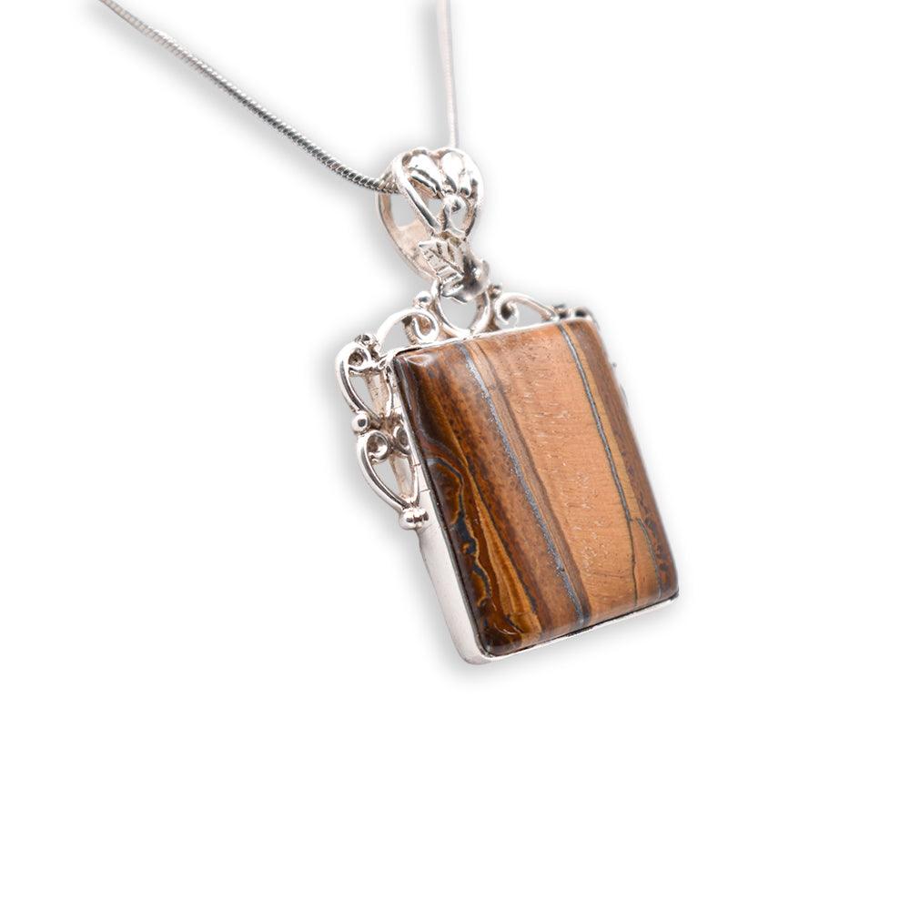 Hanging 925 sterling Silver tiger eye rhombus shaped Pendant with silver chain side angle 
