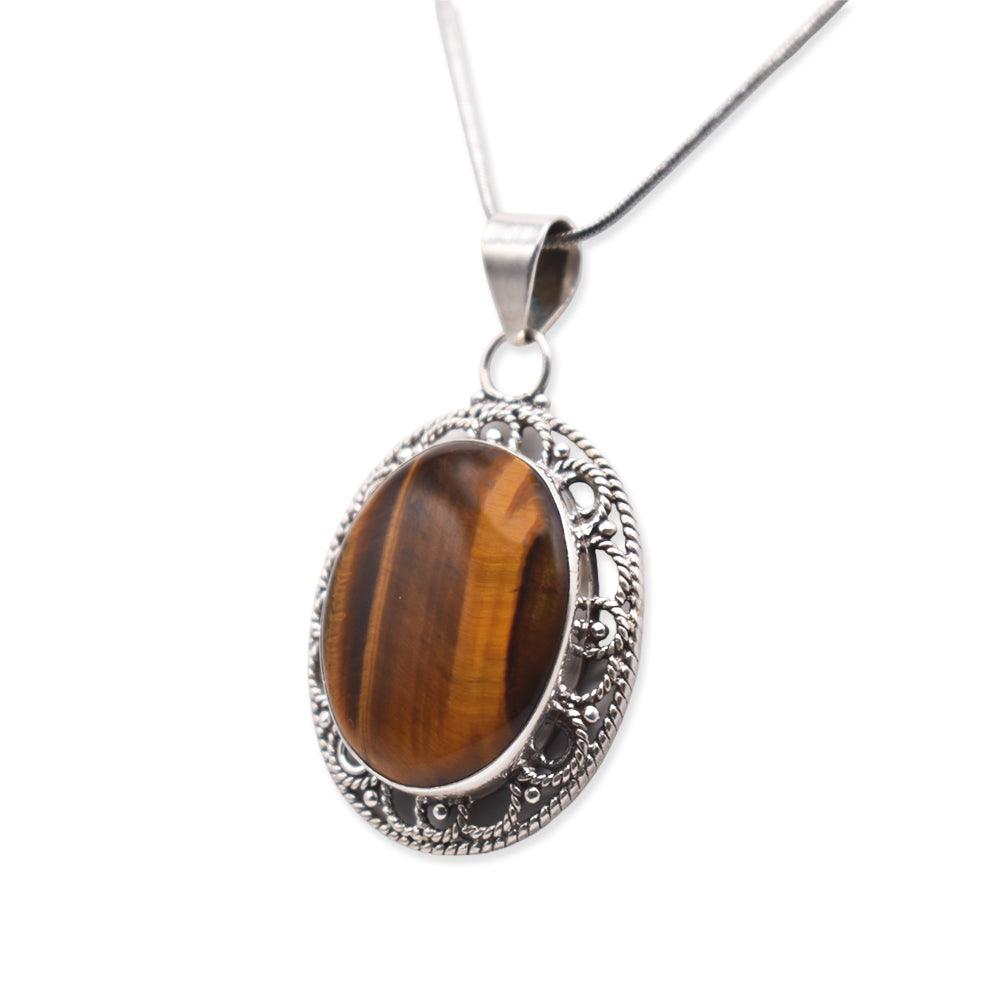 Hanging 925 sterling Silver tiger eye oval shaped Pendant with silver chain side angle