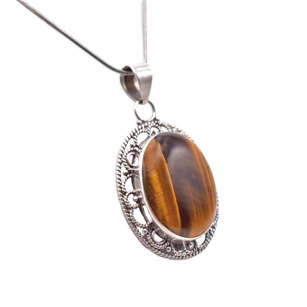 Hanging 925 sterling Silver tiger eye oval shaped Pendant with chain back angle