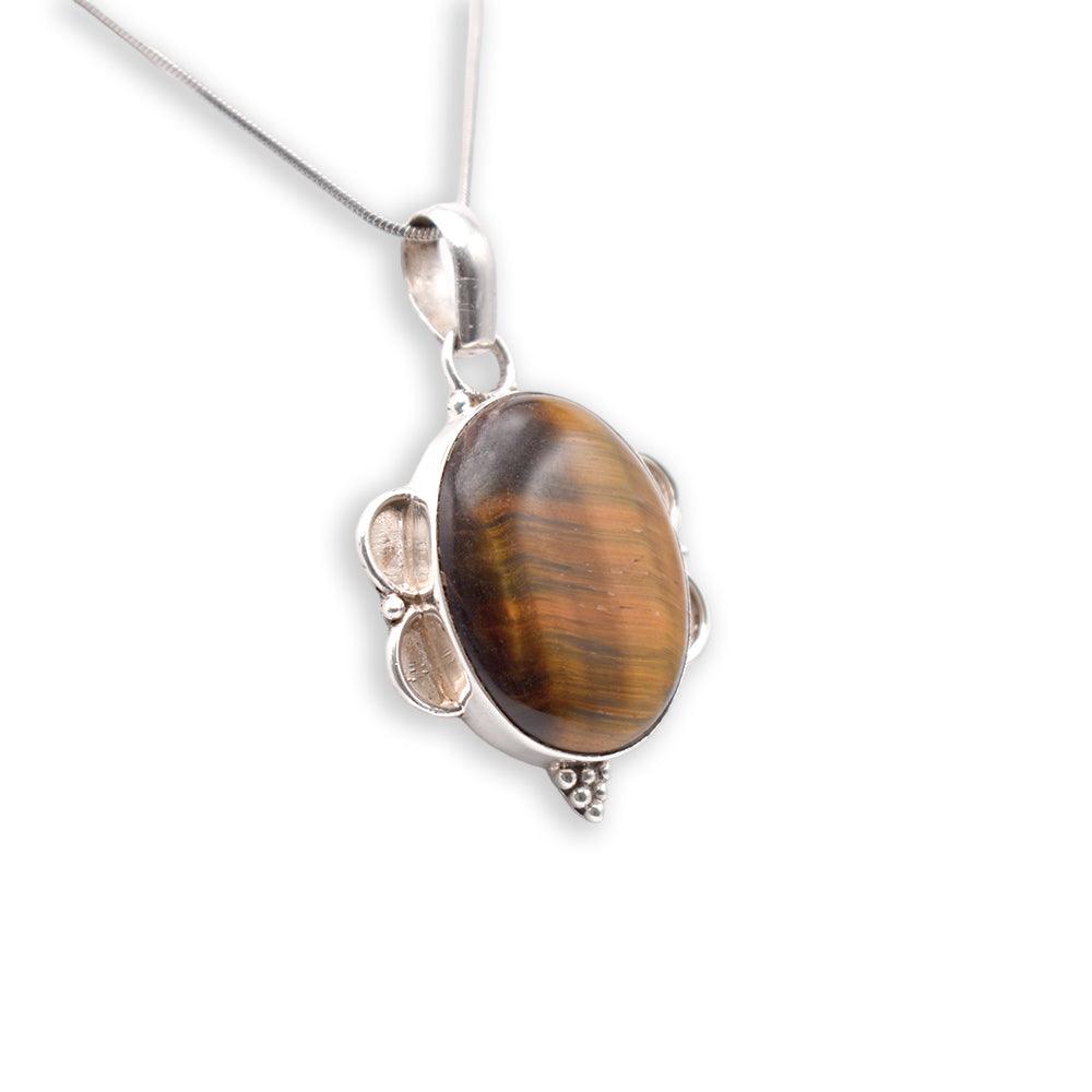 Hanging 925 sterling Silver tiger eye butterfly shaped Pendant side angle with chain