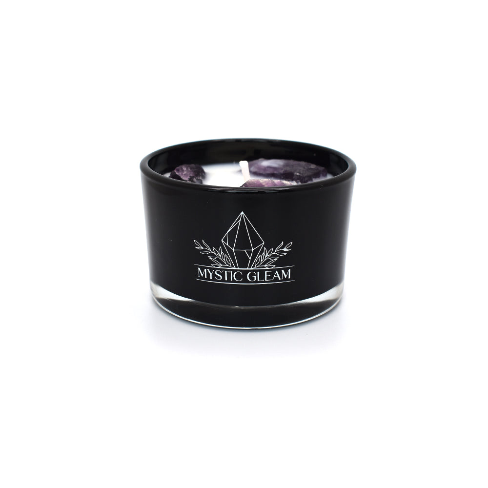 Americano crystal candle in black frosted jar with coffee scent and raw crystals