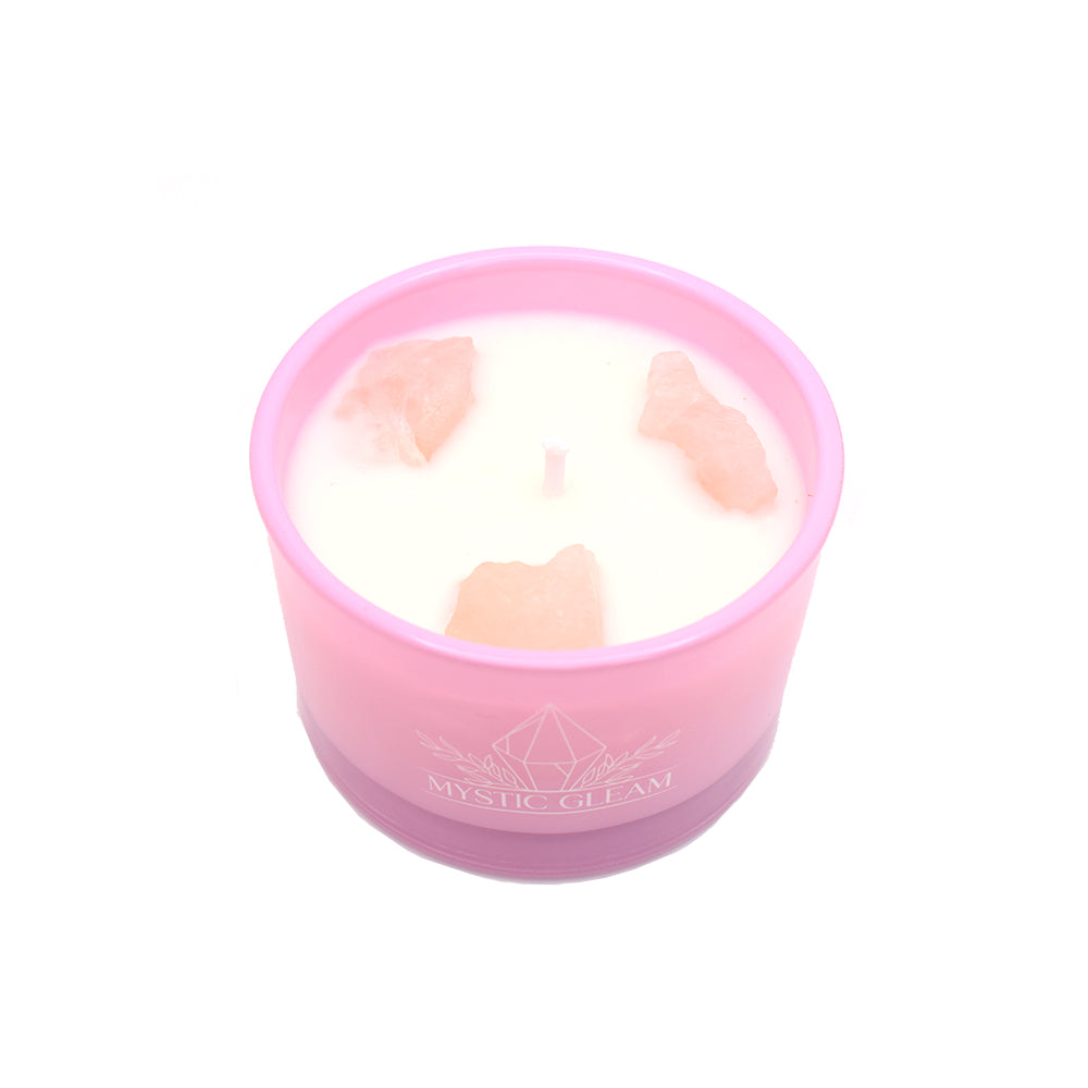 Lavender crystal candle in pink frosted jar with raw crystals