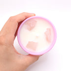 Lavender crystal candle in pink frosted jar with raw crystals