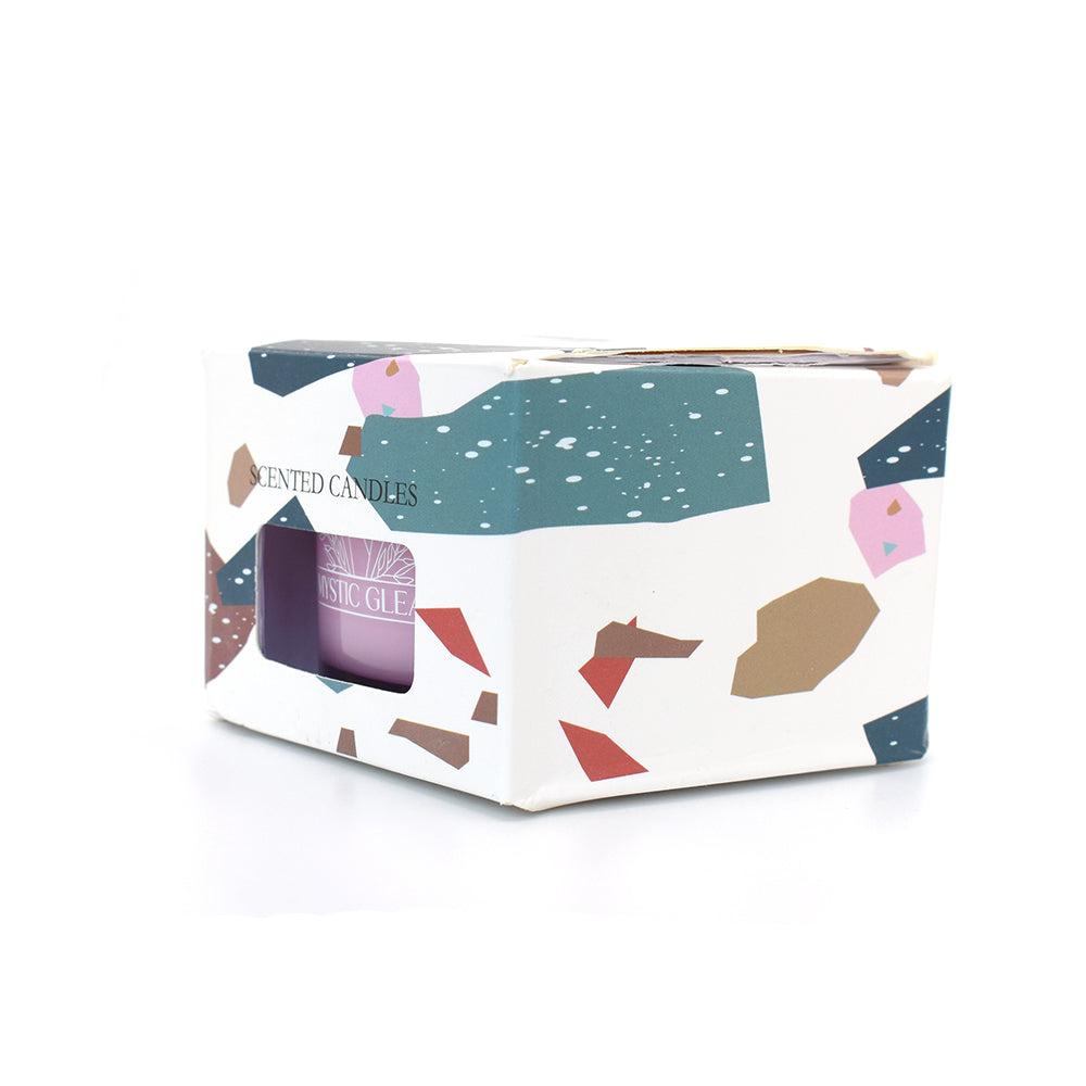 Lavender crystal candle in pink frosted jar with raw crystals