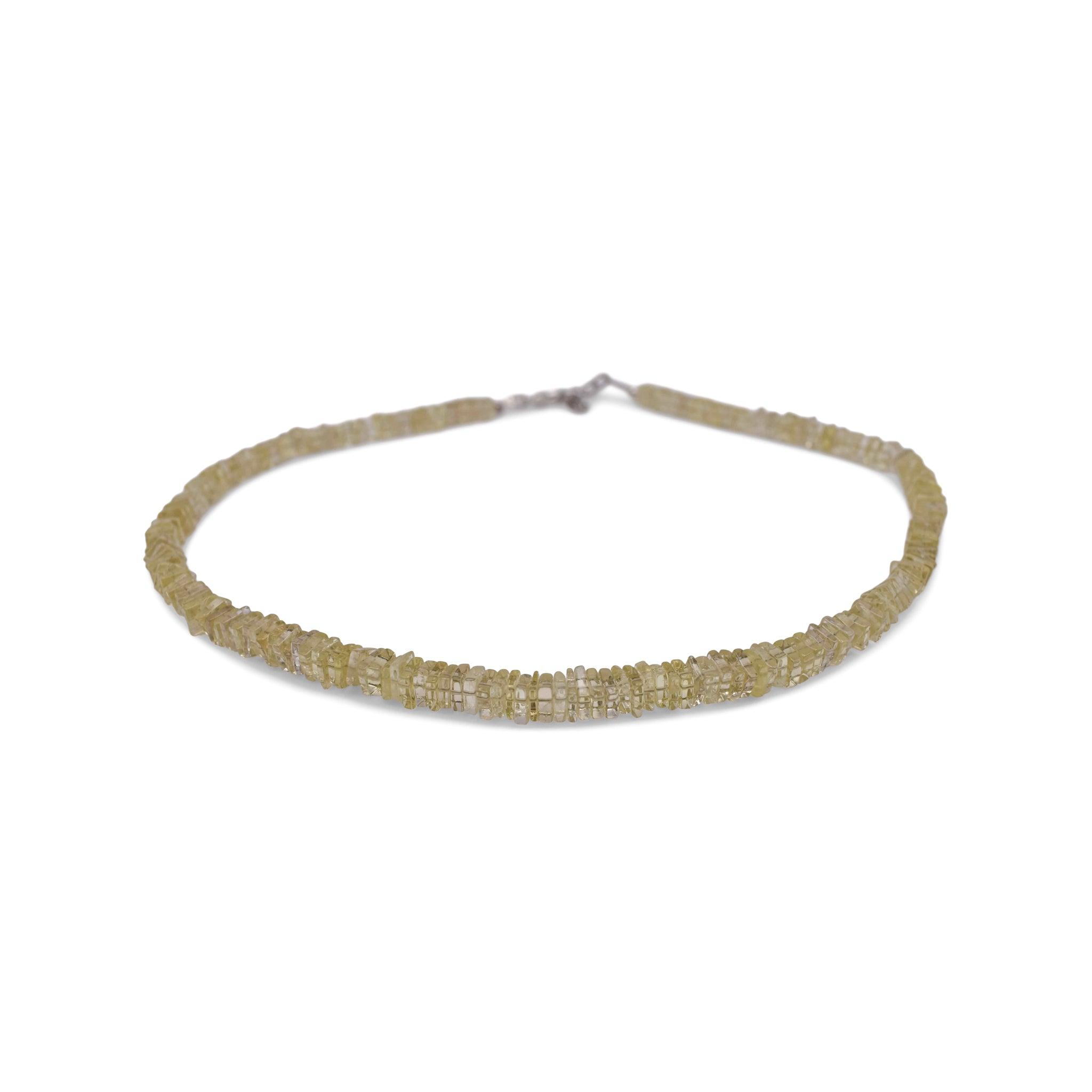 Lemon quartz heishi beads necklace front angle 