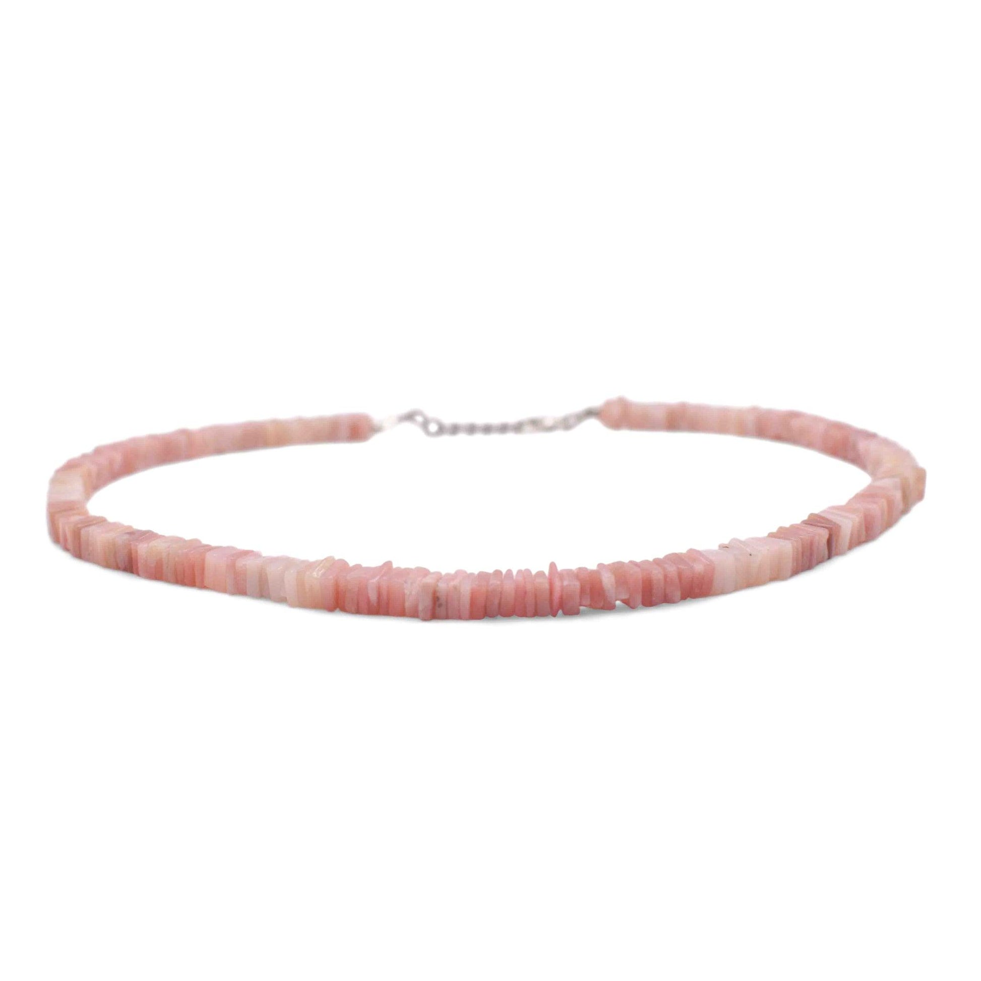 Pink opal heishi beads necklace front angle 