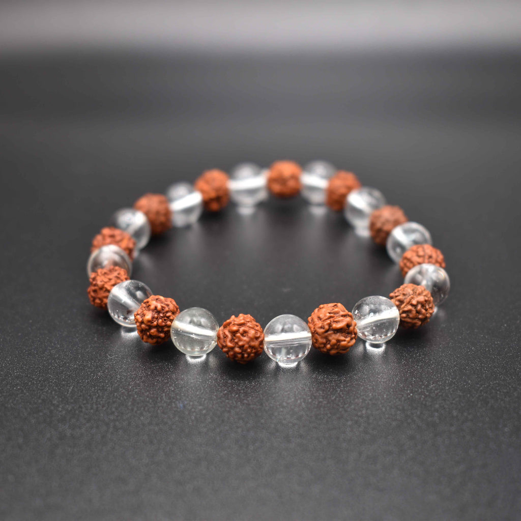 rudraksha with crystal bracelets front angle with black background
