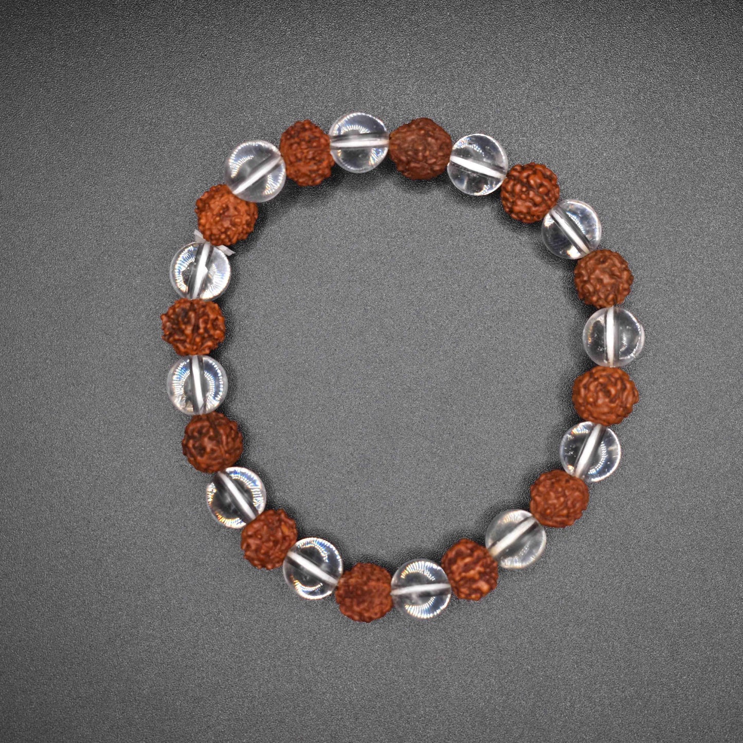 Rudraksha with crystal bracelets top angle with black background