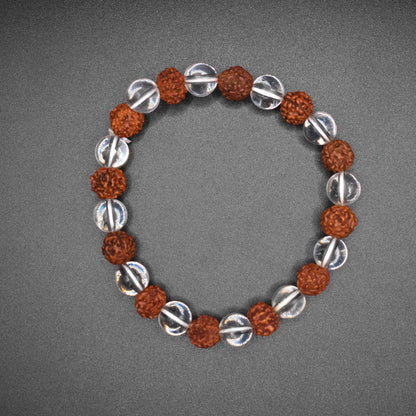 Rudraksha with crystal bracelets top angle with black background