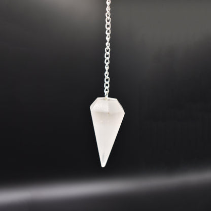 Hanging Selenite pendulum front angle with black back gound 