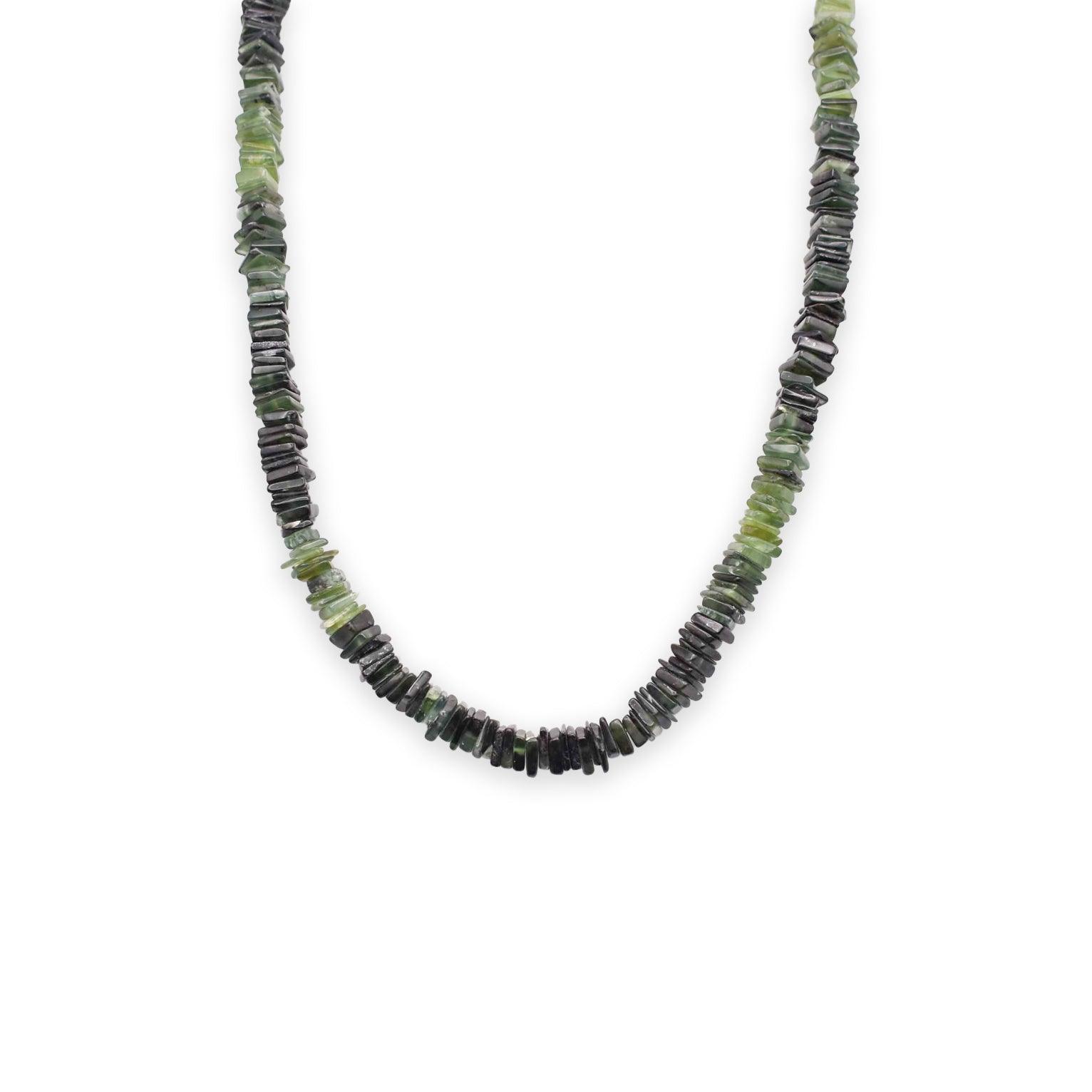 Serpentine Heishi Necklace on jewelry display 