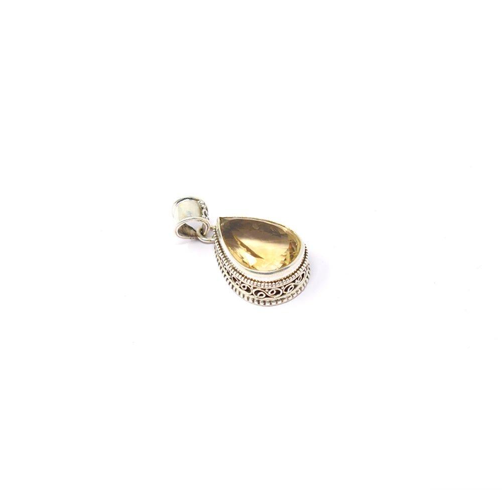 925 Sterling Silver healing Citrine pear shaped yellowish color Pendant top angle with white background
