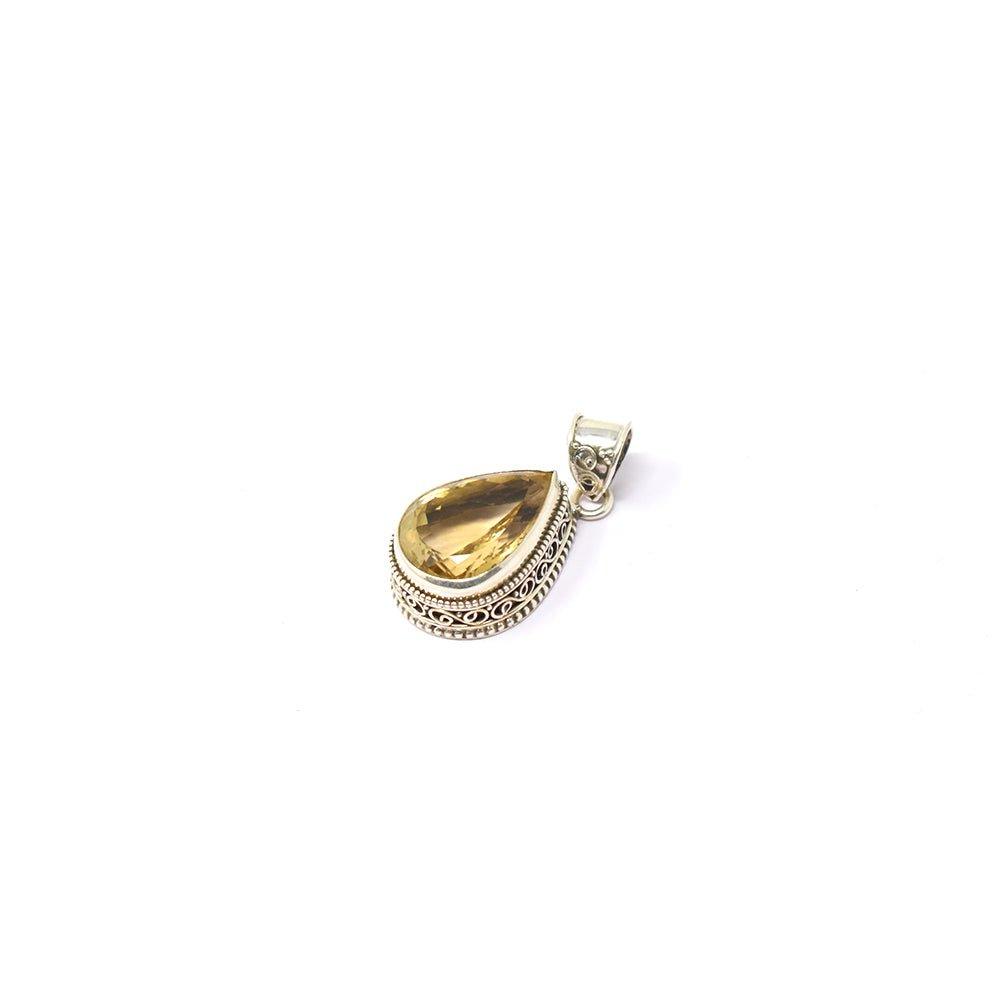 925 Sterling Silver natural Citrine spear haped yellowish color Pendant back angle on white background