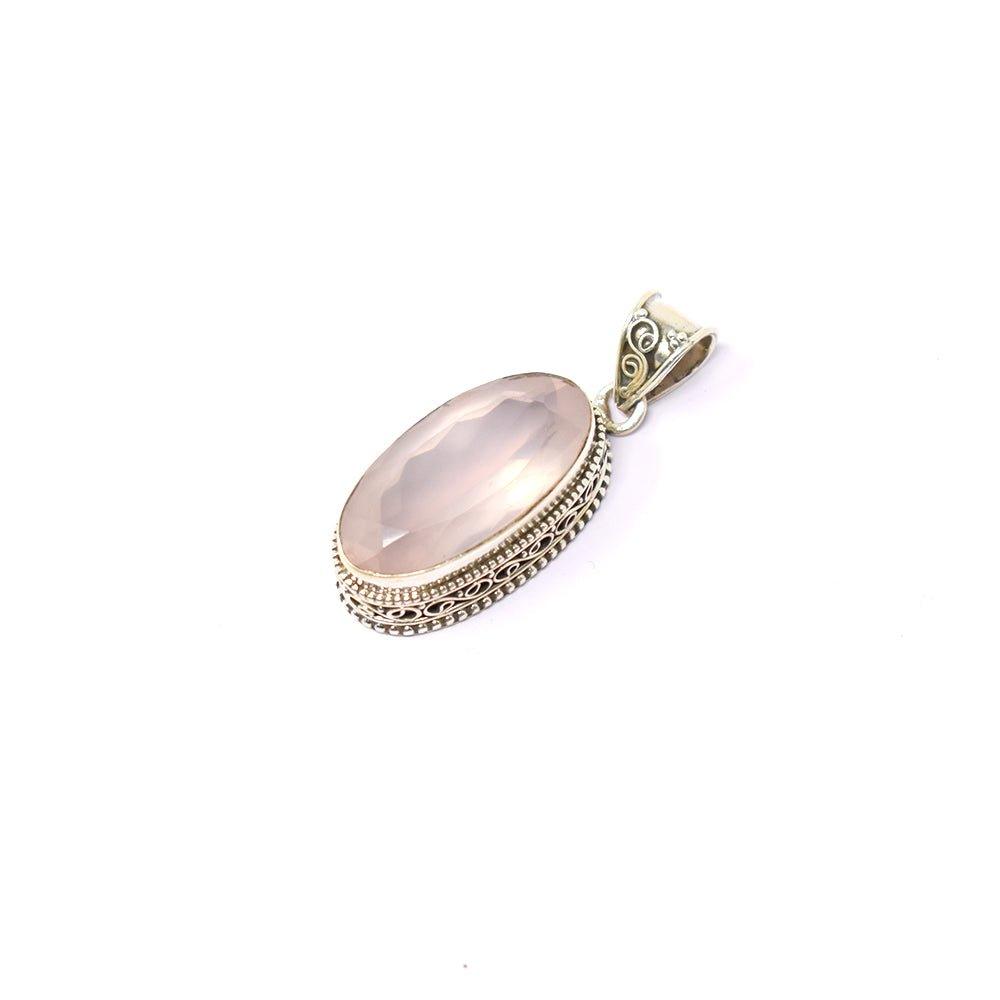 925 Sterling Silver Rose Quartz pink colored Pendant  top angle on white background